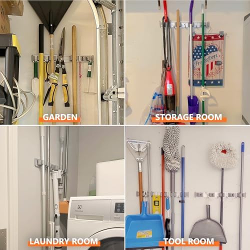 2 Pack Broom Holder Wall Mount Mop and Broom Hanger Wall Mounted Garage Storage Rack Kitchen Garden Tool Organizer (5 Racks with 4 Hooks, Silver)