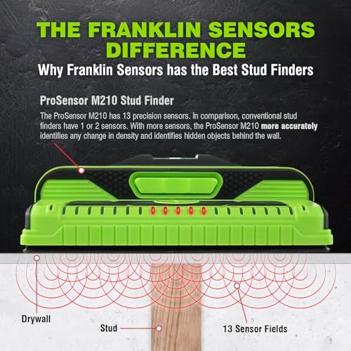 Franklin Sensors ProSensor M210 Stud Finder with 13-Sensors, Wood & Metal Stud Detector/Wall Scanner, Live Wire Detection (Green), Made in The USA