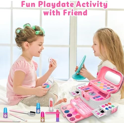 Hollyhi 58 Pcs Kids Makeup Kit for Girl, Princess Toys Real Washable Cosmetic Set with Mirror, Kids Makeup Sets for Girls, Play Make Up Birthday Gifts for 3 4 5 6 7 8 9 10 11 12 Years Old Kid (Pink)