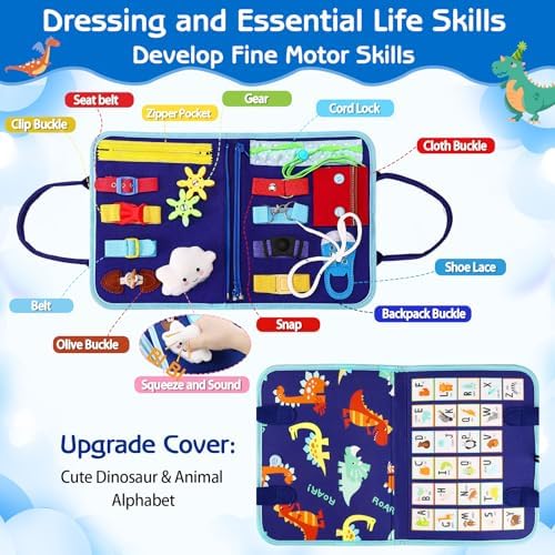 Esjay Toddler Busy Board Montessori Toys for Boys, Sensory Board Educational Activities for Learning Fine Motor Skills, Birthday Gifts for Boys Toddlers, Travel Toys for Airplane Car, Blue Dinosaur