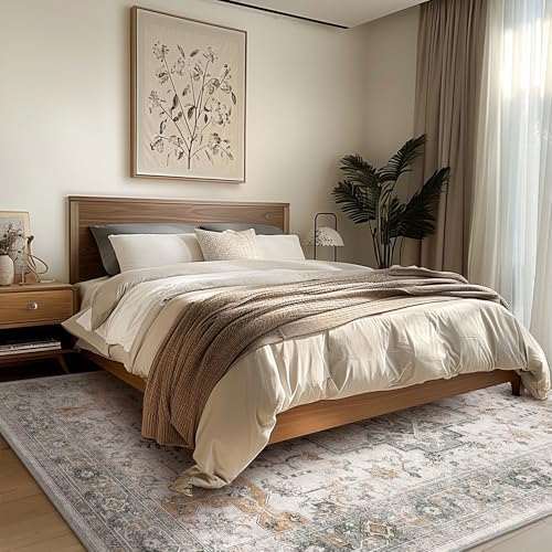 GENIMO 5X7 Area Rugs for Living Room, Machine Washable Non Slip Vintage Rugs, Low Pile Lightweight Chenille Print Rug for Bedroom, Dining Room, Home Office, Light Taupe Brown