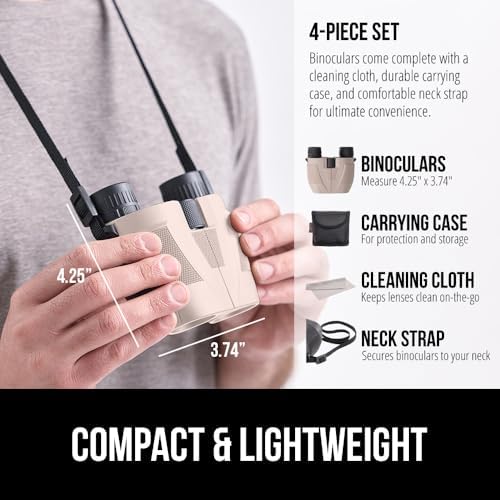 GORILLA GRIP 10x25 Compact Binoculars for Adults with Strap, Superior High Powered Clear 10X Magnification, Lightweight, Bird Watching, Hunting, Stargazing, Adjustable Eye Cups, Khaki