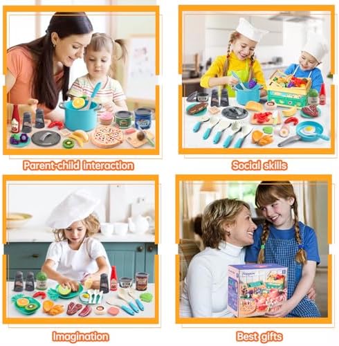 80Pcs Kitchen Playset, Toddler Pretend Cooking with Pots, Pans, Cookware, Food, Picnic Blanket, Fruits, Veges, Shopping Storage Basket, Dessert, Learning Gift for Girls Boys (Turquoise)