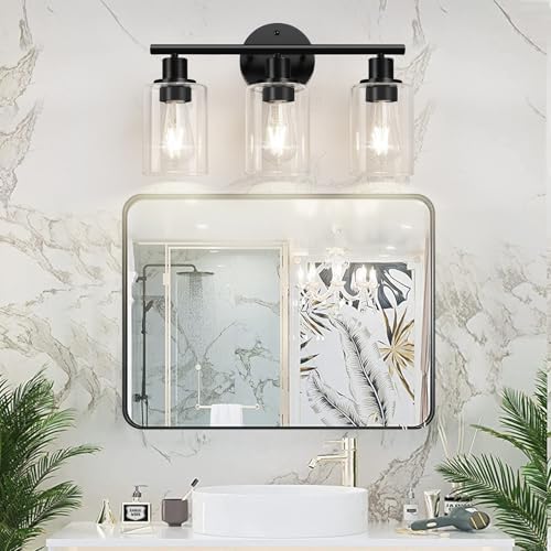 3-Light Bathroom Light Fixtures, Black Modern Vanity Lights with Clear Glass Shade, Bathroom Wall Lamp for Mirror Kitchen Living Room Hallway Cabinet Porch