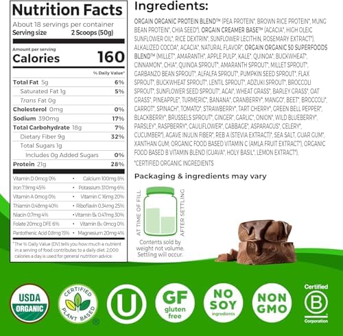 Orgain Organic Vegan Protein + 50 Superfoods Powder Bundle - Creamy Chocolate Fudge & Vanilla Bean, 21g Plant Based Protein, 2.02 lb Each