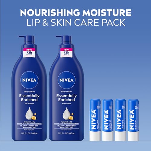 NIVEA Skin Care Set, Essentially Enriched Body Lotion Pack (2 x 16.9 Fl Oz) + Moisture Lip Care Lip Balm Set (4 x 0.17 Oz), Dermatologically Tested for Skin Compatibility