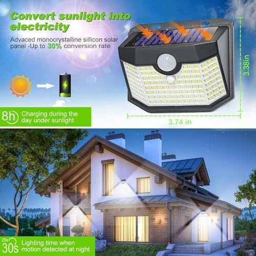 HMCITY 120 LED Outdoor Solar Lights with Motion Sensor and 3 Lighting Modes, IP65 Waterproof Wide Solar Wall Lights Ideal for Garden Patio Yard (6 Packs)