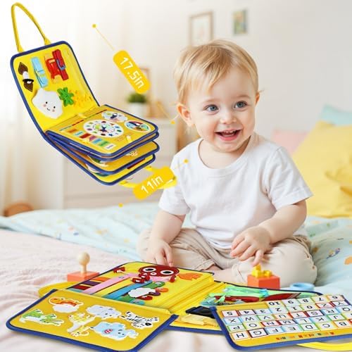 Esjay Toddler Busy Board Montessori Toys for Boys Girls, Sensory Board Educational Activities for Learning Fine Motor Skills, Birthday Gifts for Toddlers, Travel Toys for Airplane Car, Yellow Truck