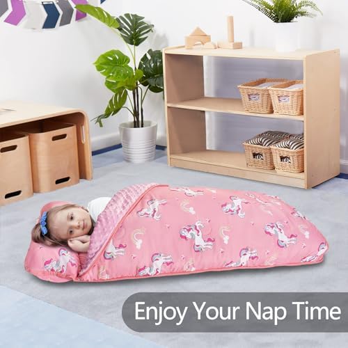 Primlect Thickened Toddler Nap Mat with Removable Pillow and Minky Blanket, Extra Large 55''x35'' Sleeping Bag, Washable, Roll up, Perfect for Daycare, Preschool, Kindergarten, Boys and Girls Unicorn