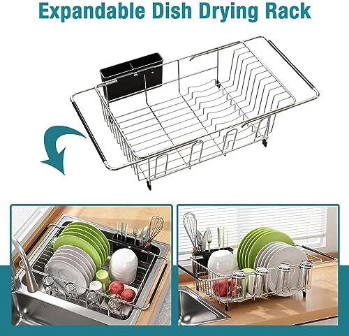 Dish Drying Rack in Sink, Expandable Stainless Steel Dish Drainers for Kitchen Counter, Dish Dryer Rack for Inside Sink, Over The Sink Dish Racks with Utensil Holder, Silver