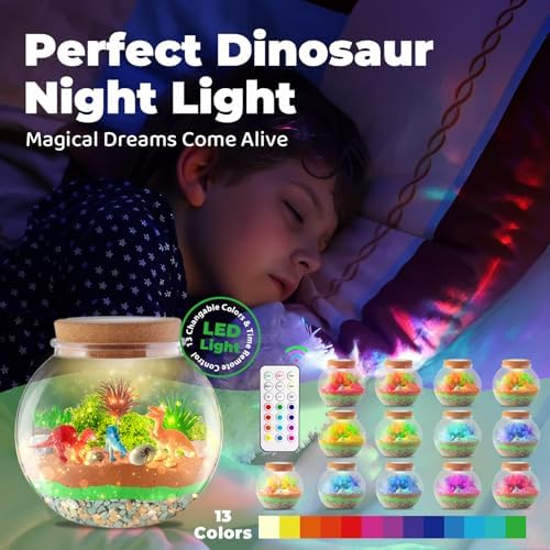 Dinosaur Light-Up Terrarium Kit for Kids - LED Night Light Birthday Gift for Boys Ages 4 5 6 7 8-12 Year Old - Dinosaur Toys for Boys - DIY Arts and Crafts Kit for Kids