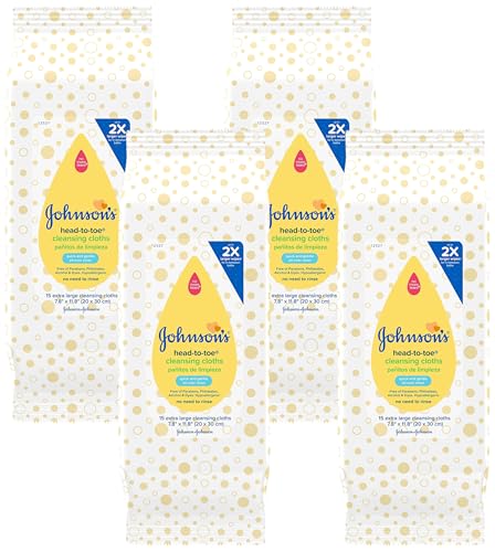 Johnson's Baby Head-to-Toe Gentle Baby Cleansing Cloths, Hypoallergenic and Pre-Moistened Baby Bath Wipes, Free of Parabens, Phthalates, Alcohol, Dyes and Soap, 15 ct (Pack of 4)