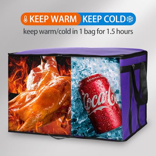 Bodaon 1-Pack Insulated Food Delivery Bag, XXX-Large Meal Grocery Tote Insulation Bag for Hot and cold Food,Commercial, Large Capacity Reusable Warming Bag, Purple