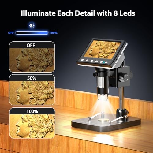 Hayve 4.3'' IPS Coin Microscope, 1000X Magnification Digital Microscope for Adults,Coin Collection Supplies with 8 Adjustable LEDs,Windows Compatible,32GB TF Card