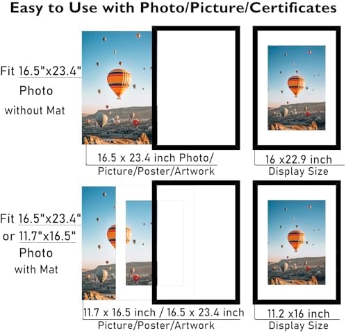 16.5x23.4 A2 Picture Frame Black with 11.7x16.5 A3 Mat, Display Photo 11.7x16.5 with Mat or 16.5 x 23.4 Without Mat, Wall Hanging Large Frame with Plexiglass, Black