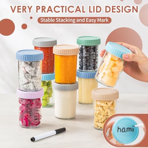 DRKIO 6 Pack Glass Baby Food Storage Containers - 8 Oz Baby Food Jars with Lids Baby Food Maker Microwave Dishwasher Freezer Safe 100% Leak Proof BPA Free Reusable