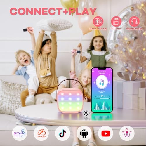 YLL Mini Karaoke Machine for Kids Adults, Portable Bluetooth Speaker with 2 Wireless Microphones, TOP Birthday Gifts Toys for Girls Ages 3, 4, 5, 6, 7, 8, 9,10,11,12+ Years Old Toddler (Lightpink)