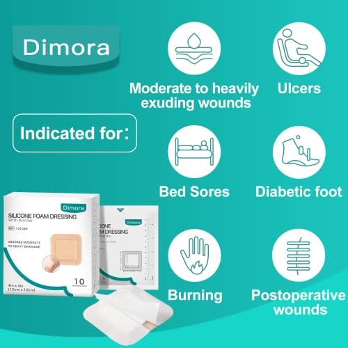 Dimora Silicone Foam Dressing with Border Adhesive 4"x4" Wound Dressing First Aid Bandage for Wound Care 10 Pack