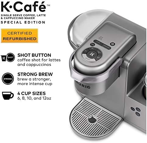 Keurig K-Cafe Special Edition Coffee Maker, Single Serve K-Cup Pod Coffee, Latte and Cappuccino Maker, Comes with Dishwasher Safe Milk Frother, Coffee Shot Capability, Nickel (Renewed)