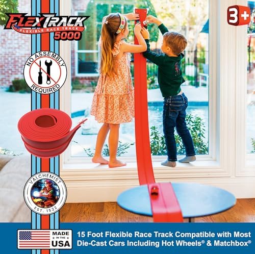 FlexTrack 5000 Flexible Race Car Track for Kids Toy with Suction Cups Compatible with Hot Wheels and Diecast 1/64th Cars and More 15 Feet Long Rolls Up Portable Racetrack (Rocket Red)