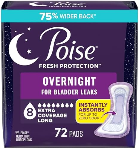 Poise Overnight Incontinence & Postpartum Pads for Bladder Leaks, 8 Drop Extra Coverage, 72 Count (2 Packs of 36), Packaging May Vary