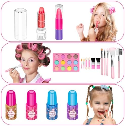 Hollyhi 58 Pcs Kids Makeup Kit for Girl, Princess Toys Real Washable Cosmetic Set with Mirror, Kids Makeup Sets for Girls, Play Make Up Birthday Gifts for 3 4 5 6 7 8 9 10 11 12 Years Old Kid (Pink)