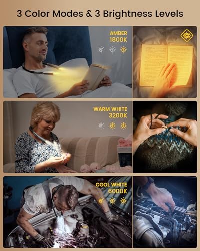 Glocusent Upgraded LED Neck Reading Light, Book Light for Reading in Bed, 30-min Timer, 3 Colors & 3 Brightness Adjustable, Rechargeable & Long Lasting, Perfect for Reading, Knitting