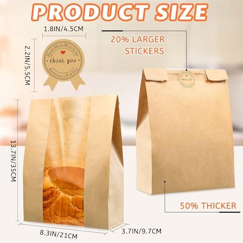 200 Pcs Bread Bags for Homemade Bread, Sourdough Paper Bags With Window, 50% Thicker 13.7x8.2x3.7in, A Large Bakery Bag Used for Storage Sourdough & Snacks, 210 Cute Sealing Stickers With Ties