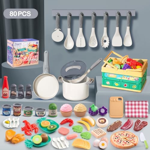 80Pcs Kitchen Playset, Toddler Pretend Cooking with Pots, Pans, Cookware, Food, Picnic Blanket, Fruits, Veges, Shopping Storage Basket, Dessert, Learning Gift for Girls Boys (White)