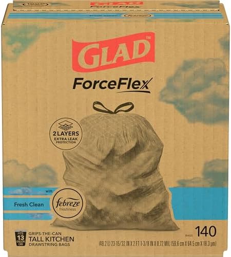 Glad ForceFlex Tall Kitchen Trash Bags, 13 Gallon, Fresh Clean, 140 Count (Package May Vary)