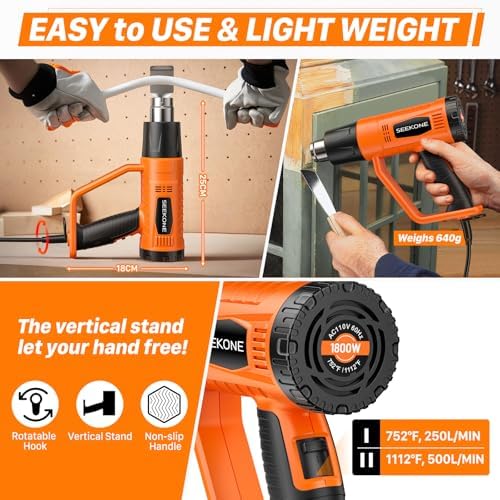 SEEKONE Heat Gun 1800W Heavy Duty Fast Heat Hot Air Gun Kit with 752℉&1112℉(400℃-600℃) Dual-Temperature Settings and 4 Nozzles with Overheat Protection for Crafts, Shrinking PVC, Stripping Paint