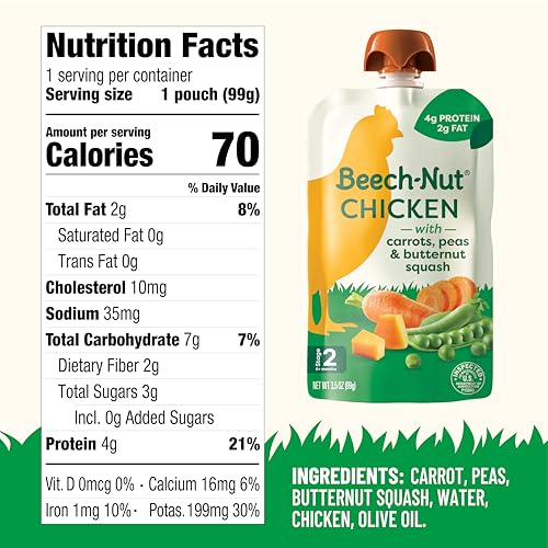 Beech-Nut Chicken Baby Food Pouches with 4g of Protein, Chicken Carrots Peas & Butternut Squash, Baby Puree Meat Baby Food Pouch, Stage 2, 3.5 oz Pouch (12 Pack)