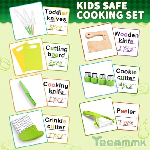 13 Pieces Montessori Kitchen Toys for Toddlers-Kids Cooking Sets Real-Toddler Toys Set for Real Cooking with Plastic Children Safe Knives Crinkle Cutter Kids Cutting Board