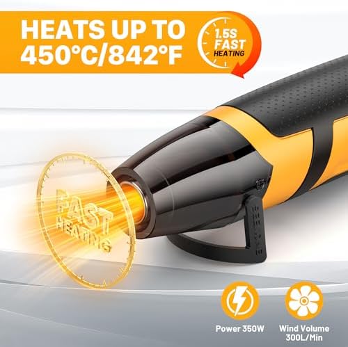 SEEKONE Mini Heat Gun, 350W 2-Temp Settings 500℉ & 842℉(260℃& 450℃) Fast Heat Hot Air Gun Tool with Reflector Nozzle and 4.9Ft Long Cable Overload Protection for Crafting, Vinyl Wrap and Shrink Tubing