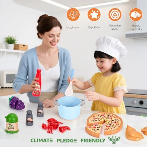 80Pcs Kitchen Playset, Toddler Pretend Cooking with Pots, Pans, Cookware, Food, Picnic Blanket, Fruits, Veges, Shopping Storage Basket, Dessert, Learning Gift for Girls Boys (Blue)