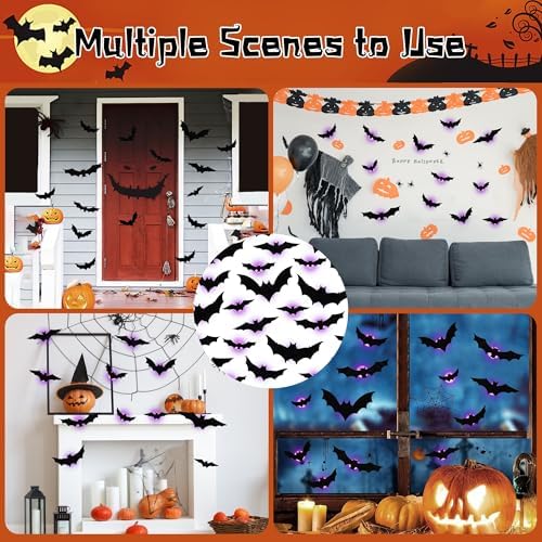 DR.DUDU 36 Pack Halloween Bats Wall Decor – Lighted 3D Bat Stickers Assorted Size for Halloween Party, Bedroom Window Decorations, Indoor and Outdoor Home Decals