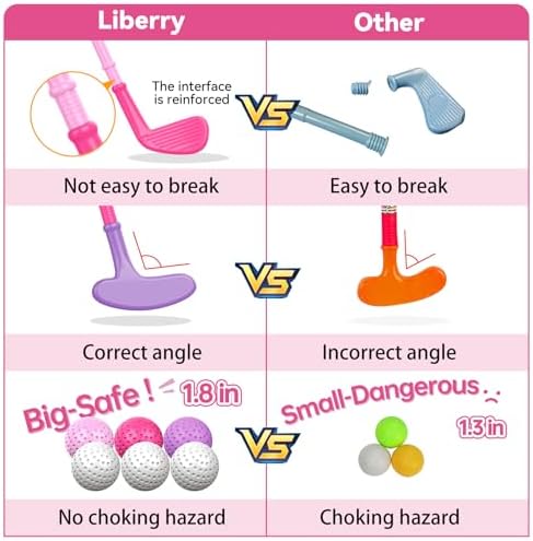 Liberry Toddler Golf Set with Putting Mat for 2 3 4 Years Old Boys Girls, Upgraded Kids Golf Cart with Unique Shoulder Strap Design, Indoor and Outdoor Golf Toys Gifts (Pink)