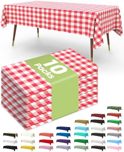 Pureegg Plastic Table Cloth Disposable 10 Pack, 54 x 108 Inch Table Cloths, Party, Picnic, Decorative Gingham Tablecloths, Rectangle, Red and White Checkered Cover, Leakproof & Sturdy, Red Plaid