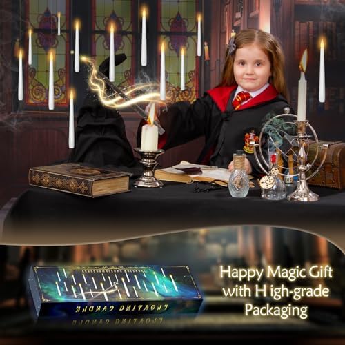 Flameless Floating Candles with Wand,20 Pcs Magic LED Hanging Taper Candles,Flickering Battery Operated Taper Candle with Wand Remote for Halloween Decorations Best Gift(White)