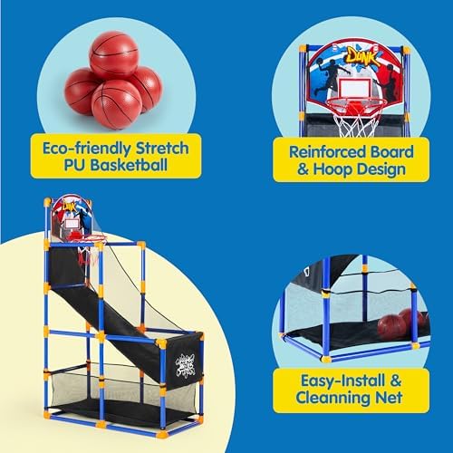 JOYIN Arcade Basketball Game Set with 4 Balls and Hoop for Kids 3 to 12 Years Old Indoor Outdoor Sport Play - Easy Set Up - Air Pump Included - Ideal for Competition
