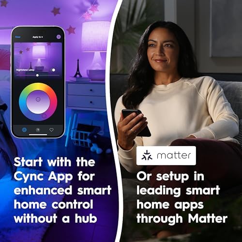 Cync GE A19 Smart LED Light Bulbs, Color Changing Room Décor, Works with Alexa and Google Home, Matter Compatible, LED Lights for Bedroom, Millions of Colors and White Tones (4 Pack)