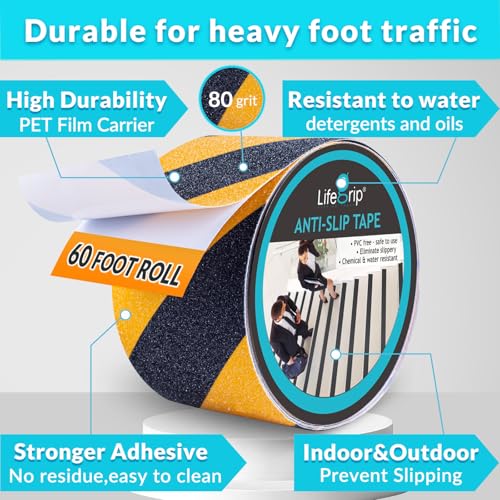 LifeGrip Anti Slip Traction Tape, 4 Inch x 60 Foot, Best Grip, Friction, Abrasive Adhesive for Stairs, Tread Step, Indoor, Outdoor, Caution Yellow/Black