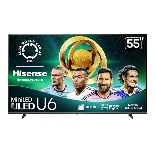 Hisense 55" Class U6 Series Best Value Mini-LED 4K UHD Smart Fire TV (55U65QF, 2025 Model) - QLED, Native 144Hz, HDR10+, Dolby Vision IQ, Dolby Atmos, Built-in Subwoofer, Game Mode Pro, Alexa Built In