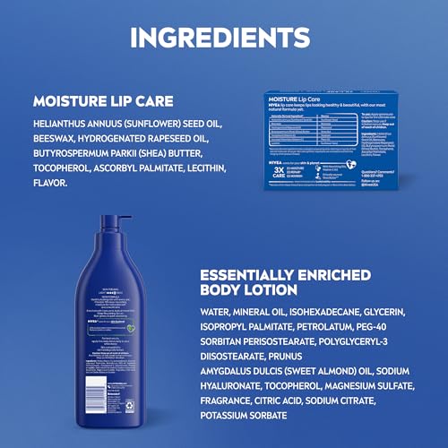 NIVEA Skin Care Set, Essentially Enriched Body Lotion Pack (2 x 16.9 Fl Oz) + Moisture Lip Care Lip Balm Set (4 x 0.17 Oz), Dermatologically Tested for Skin Compatibility