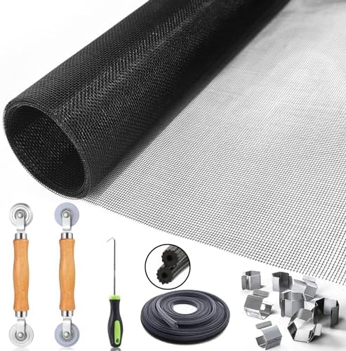 Window Screen Door Repair/Replacement Kit, King&Charles Include Black Screen Mesh 48"x118"+ 2 Roller+50Ft Spline+8Clips+Hook, 6 in 1 Window Mesh Kit, Steel/Nylon Bearing Roller