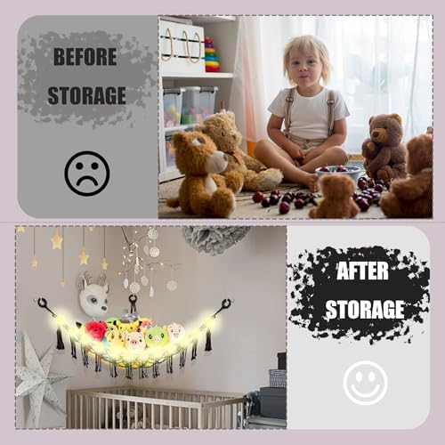 Stuffed Animal Hammock with LED Light, 2 Pack Toy Hammock for Stuffed Animals Storage for Kids, Stuffed Animal Hammock Corner, Black