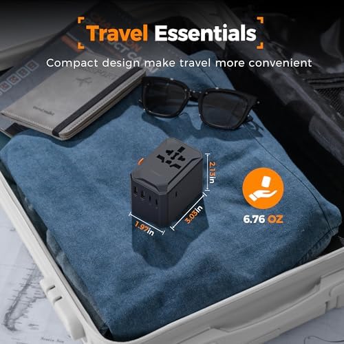 TESSAN Universal Travel Adapter, GaN 65W International Power Adapter with 5 USB Ports (3 USB C), Worldwide Plug Adaptor for US to Europe UK France Germany Spain Australia (Type C G A I), Black