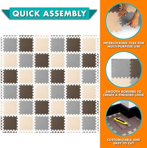 ProSource Foam Puzzle Floor Play Mat for Kids and Babies with Solid Colors, 36 or 16 Interlocking Tiles with Borders, Brown/Beige/Grey