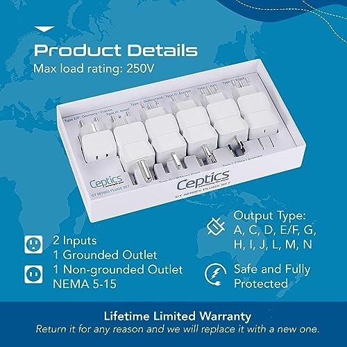 Ceptics World Travel Adapter Set - 2 in 1 USA to Europe, Asia, Africa, India, Japan, Australia, Brazil, China, Israel and more - 11 Pack - Safe Grounded - Works with Cell phones, Laptops, Chargers
