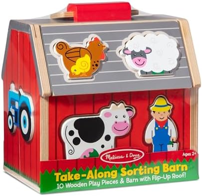 Melissa & Doug Wooden Take-Along Sorting Barn Toy with Flip-Up Roof and Handle, 10 Wooden Farm Play Pieces - Farm Toys, Shape Sorting And Stacking Learning Toys For Toddlers And Kids Ages 2+